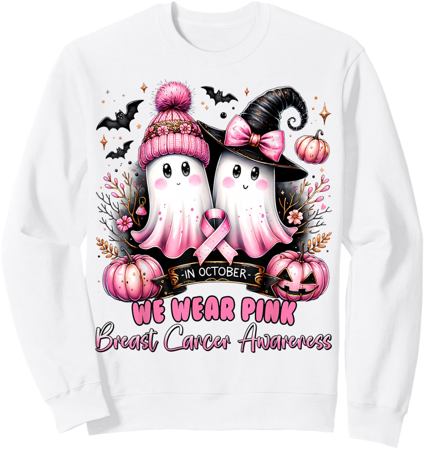 In October We Wear Pink Ghost Witch Breast Cancer Awareness Sweatshirt - Sweatshirt | White