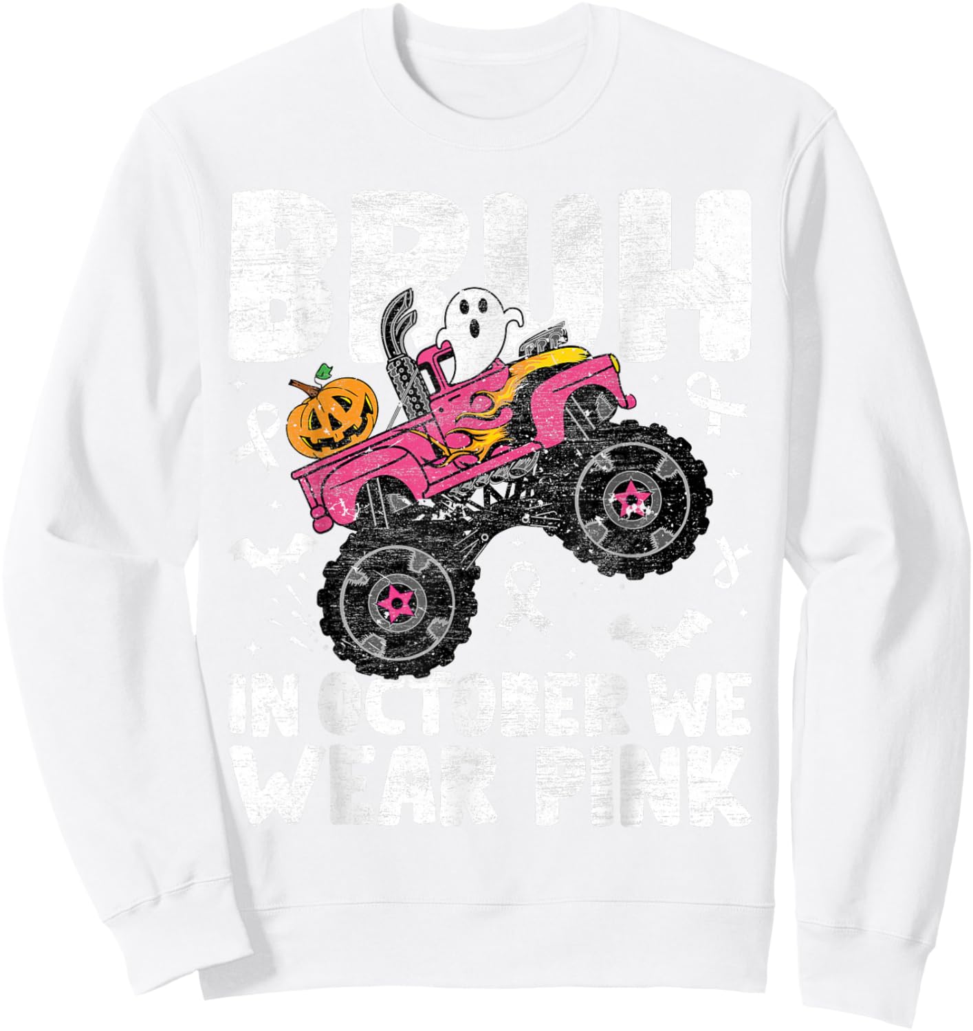 Bruh In October Wear Pink Breast Cancer Halloween Kids Boys Sweatshirt - Sweatshirt | White