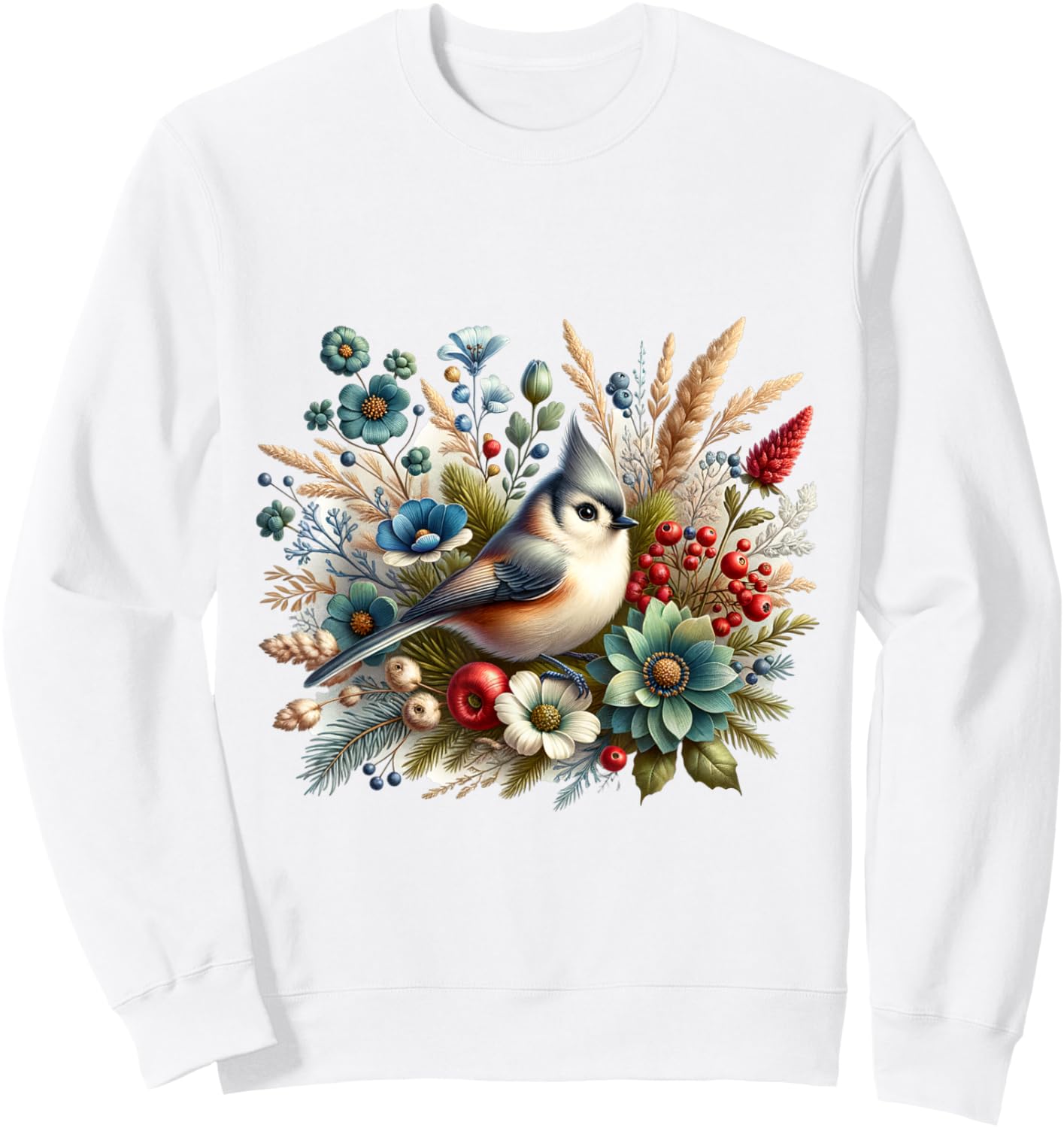 Tufted Titmouse Vintage Floral Wintery Bird Sweatshirt - Sweatshirt | White
