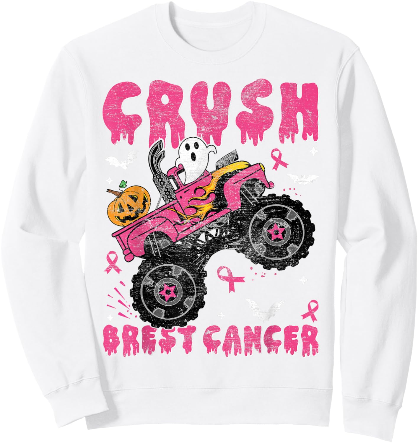 Halloween Monster Truck Crush Breast Cancer Awareness Kids Sweatshirt - Sweatshirt | White
