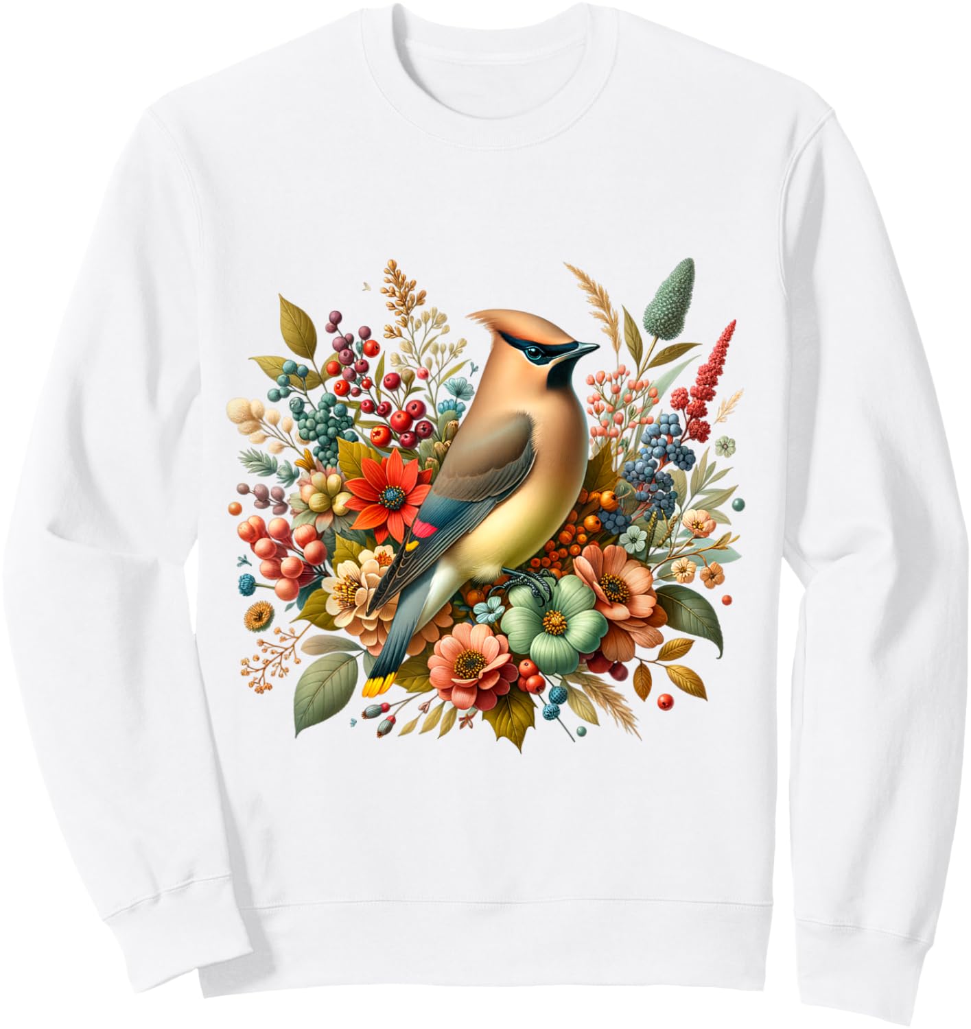 Cedar Waxwing Vintage Floral Autumn Bird Sweatshirt - Sweatshirt | White