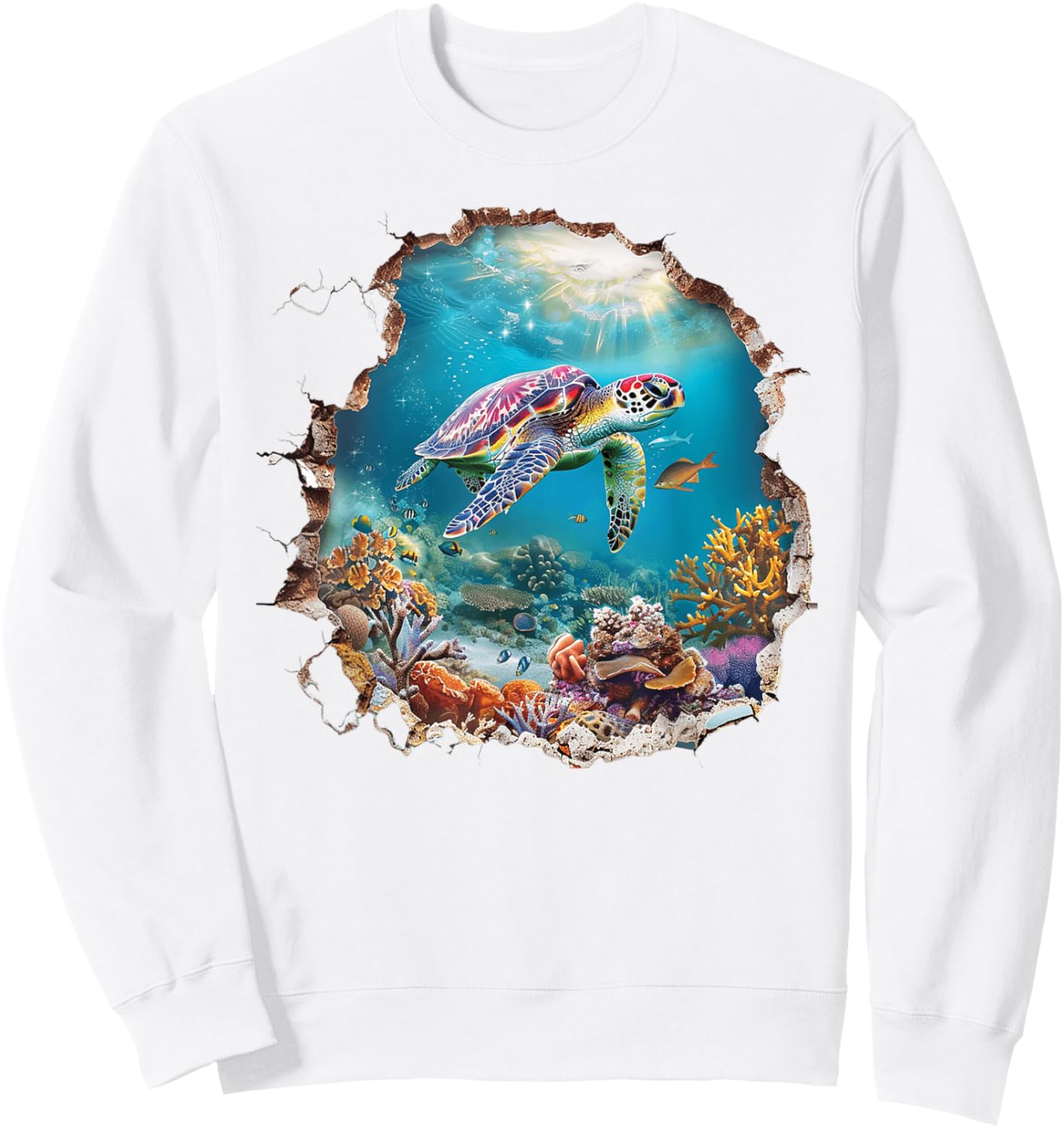 A 3D Hole In The Wall With A Turtle Swimming In A Sea Sweatshirt - Sweatshirt | White