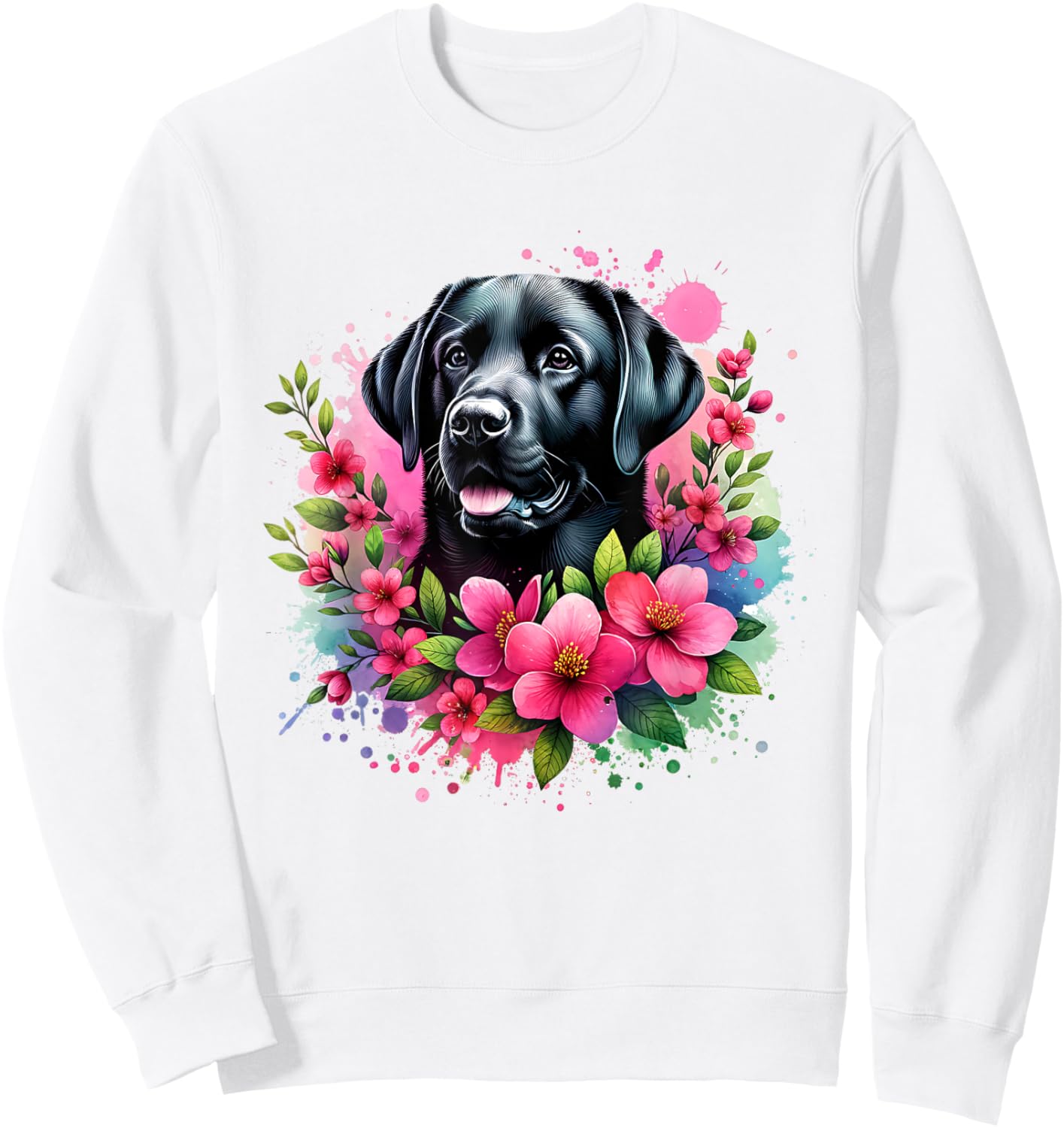 Watercolor Cute Black Labrador Dog Mom Pink Flowers Women Kids Sweatshirt - Sweatshirt | White
