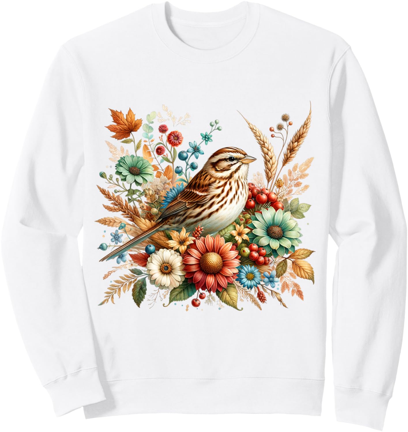 Song Sparrow Vintage Floral Autumn Bird Sweatshirt - Sweatshirt | White