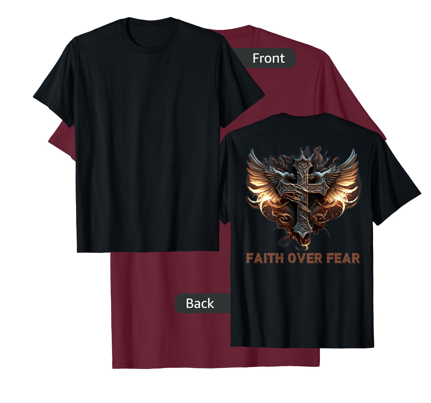 Angel Wings Christian Cross Faith Over Fear - On Back T-Shirt