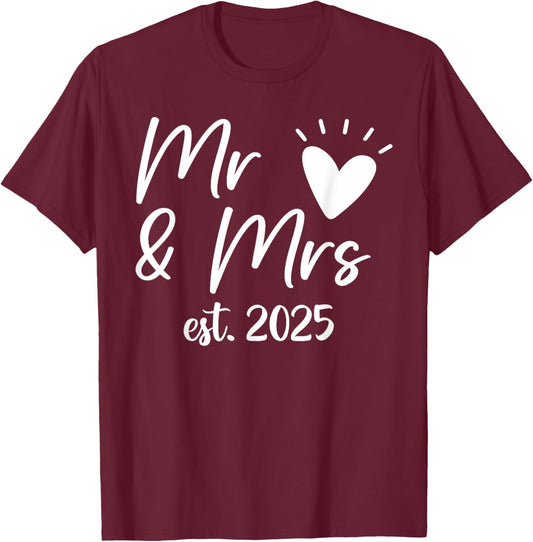 Mr. And Mrs. Est. 2025 Married Couple Wedding Husband & Wife T-Shirt - T-Shirt | Maroon