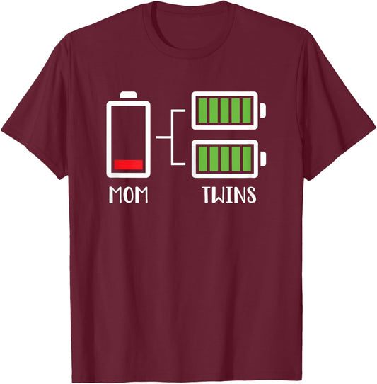 Twin Mama Funny Tired Low Cute Mom of Twins Mom Low Battery T-Shirt - T-Shirt | Maroon