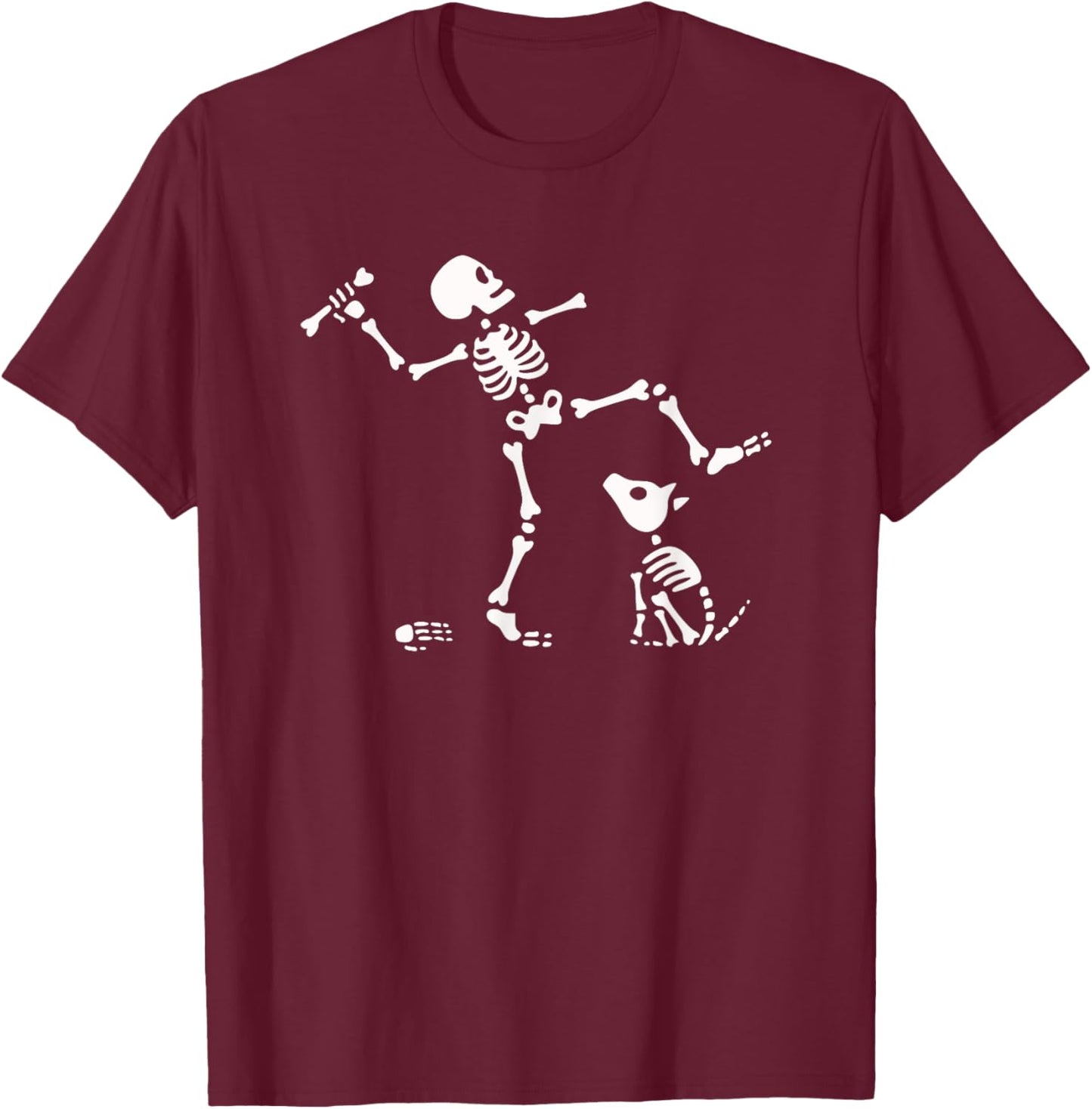 Halloween Dog, Funny Skeleton, Skeleton Chasing Dog T-Shirt - T-Shirt | Maroon