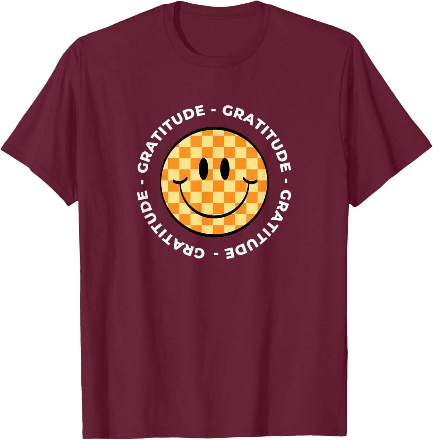 MATTER OF VIBES Gratitude Retro Groovy -Adults & -Kids Black Small Short Sleeve Checkered Retro T-Shirt - T-Shirt | Maroon