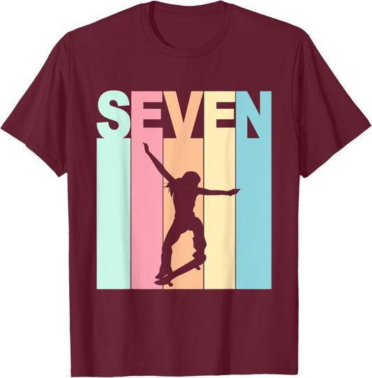 Vintage 7th Birthday Skateboard Theme 7 Years Old Skater T-Shirt - T-Shirt | Maroon