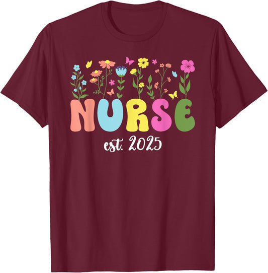 Groovy Nurse Est. 2025 Nurse Graduation Nursing Grad 2025 T-Shirt - T-Shirt | Maroon