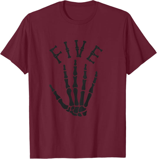 Kids Five Fifth Birthday Skeleton Fifth Halloween 5th Birthday T-Shirt - T-Shirt | Maroon