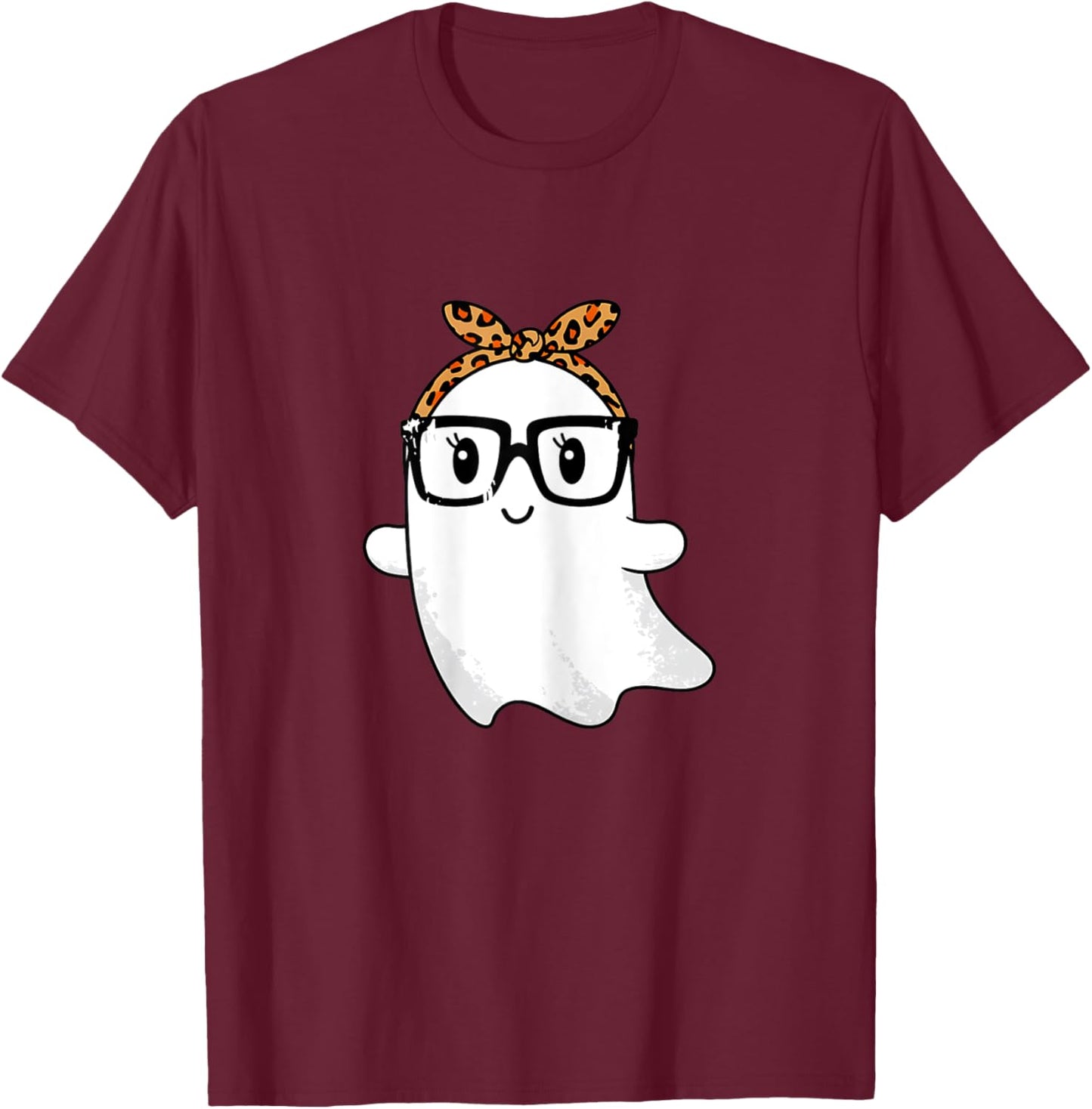 Leopard Bandana Ghost with Glasses Girls Cute Spooky Costume T-Shirt - T-Shirt | Maroon