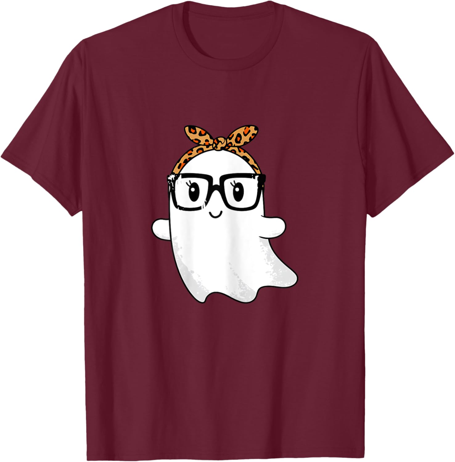 Leopard Bandana Ghost with Glasses Girls Cute Spooky Costume T-Shirt - T-Shirt | Maroon
