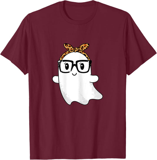 Leopard Bandana Ghost with Glasses Girls Cute Spooky Costume T-Shirt - T-Shirt | Maroon