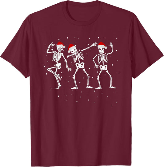 Skeletons Dancing with Santa Hats Funny Christmas Skelton T-Shirt - T-Shirt | Maroon