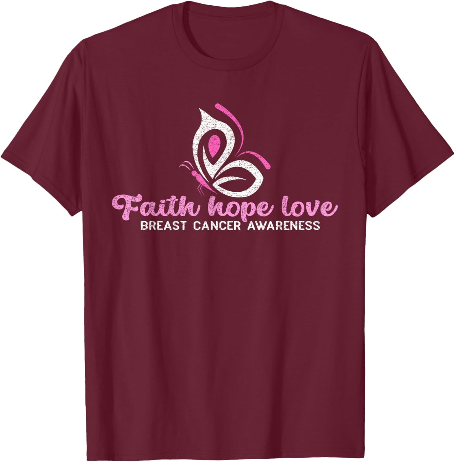 Faith Hope Love Butterfly Ribbon Breast Cancer Awareness T-Shirt - T-Shirt | Maroon