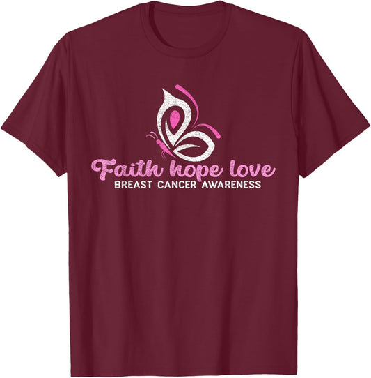 Faith Hope Love Butterfly Ribbon Breast Cancer Awareness T-Shirt - T-Shirt | Maroon