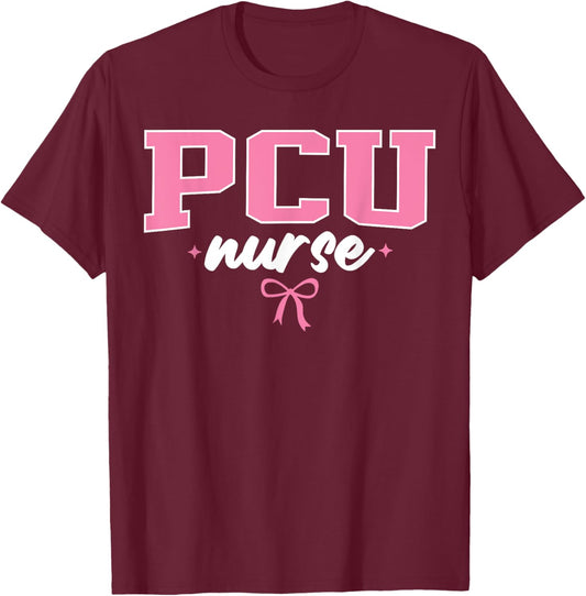 PCU Nurse Progressive Care Unit Nursing Cute Women Pink Bow T-Shirt - T-Shirt | Maroon