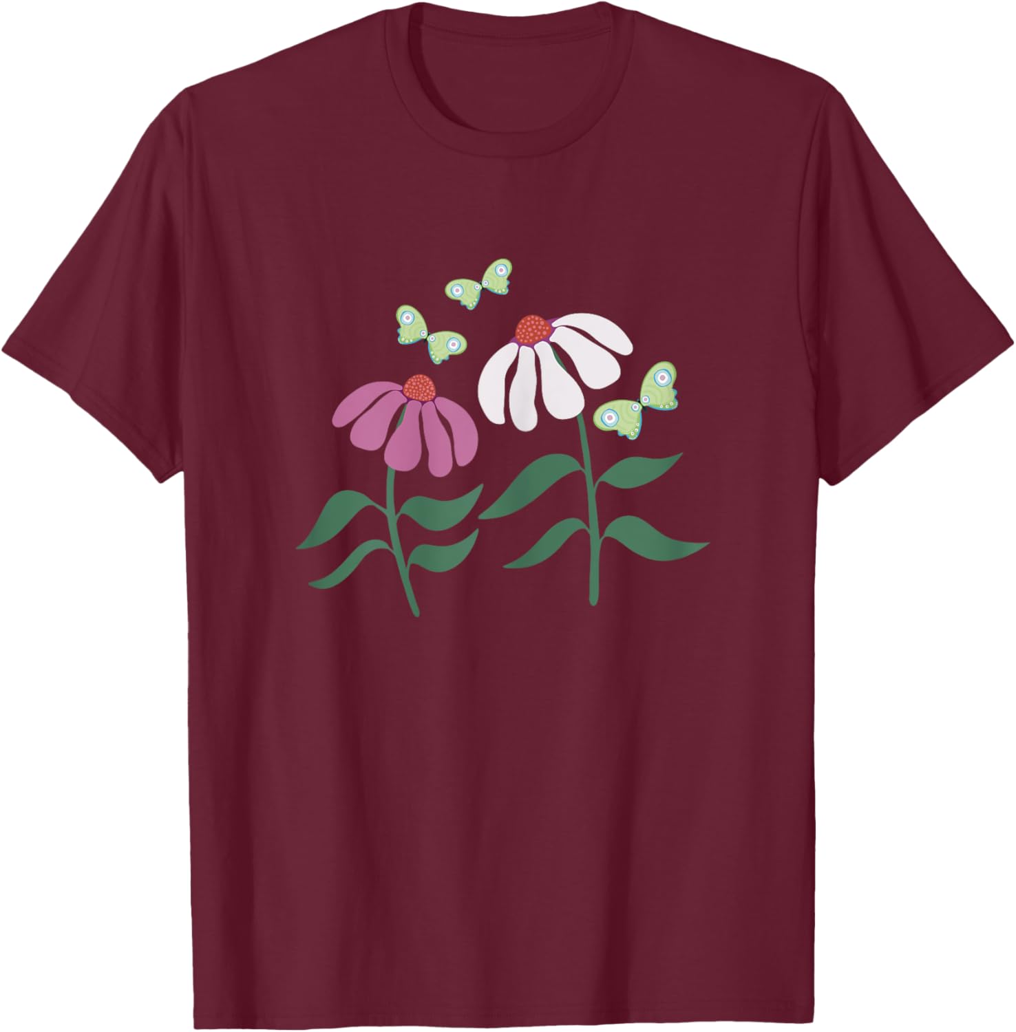 Coneflower and Butterflies - Women, Girls - Black - X-Small - Short Sleeve T-Shirt - T-Shirt | Maroon