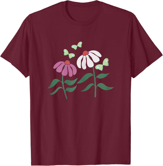 Coneflower and Butterflies - Women, Girls - Black - X-Small - Short Sleeve T-Shirt - T-Shirt | Maroon