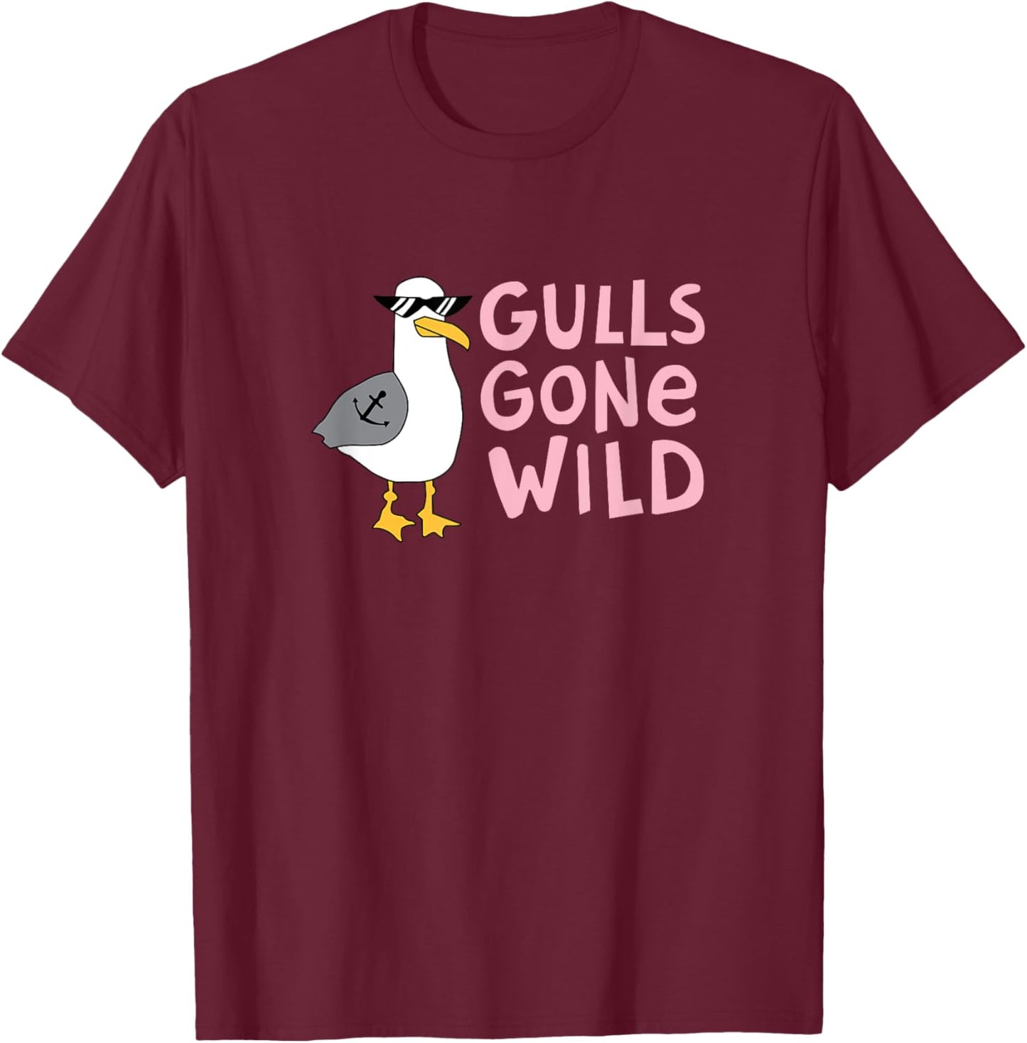 Funny Seagull wtih Achor Tattoo & Sunglasses,Gulls Gone Wild T-Shirt - T-Shirt | Maroon