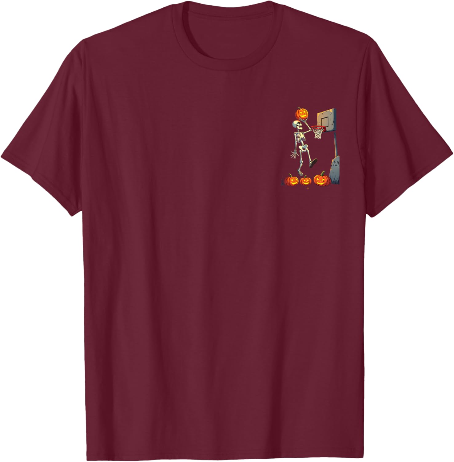 Skeleton Pumpkin Basketball Halloween T-Shirt - T-Shirt | Maroon