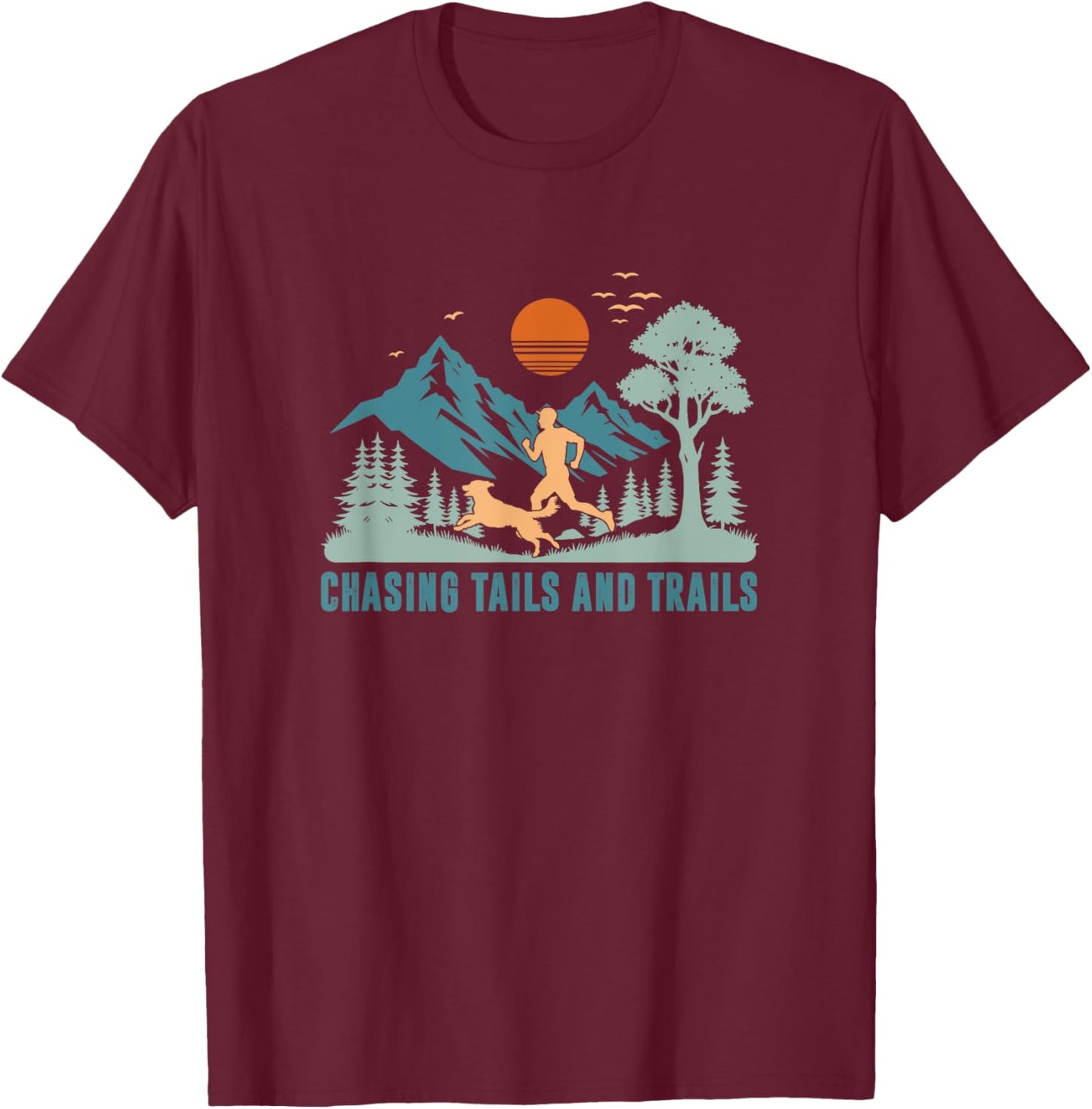 Chasing Tails And Trails, Trail Running with Dog Women Kids T-Shirt - T-Shirt | Maroon
