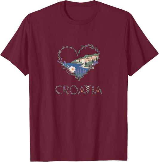 Croatia Floral Heart - Croatian Lover’s Souvenir T-Shirt - T-Shirt | Maroon