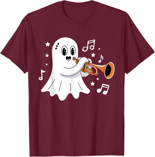 Halloween Ghost Music Teacher Playing Instruments T-Shirt - T-Shirt | Maroon