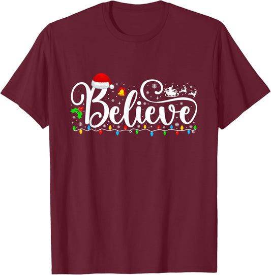 Christmas Believe Lights Santa Claus Xmas Men Women Kids T-Shirt - T-Shirt | Maroon