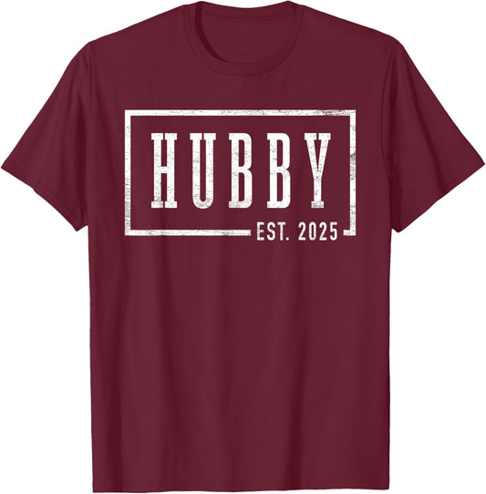 Hubby Est 2025 Just Married Honeymoon Sleek Framed Design T-Shirt - T-Shirt | Maroon