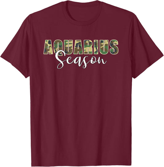 Aquarius Season Zodiac Birthday Camo Black Woman T-Shirt - T-Shirt | Maroon