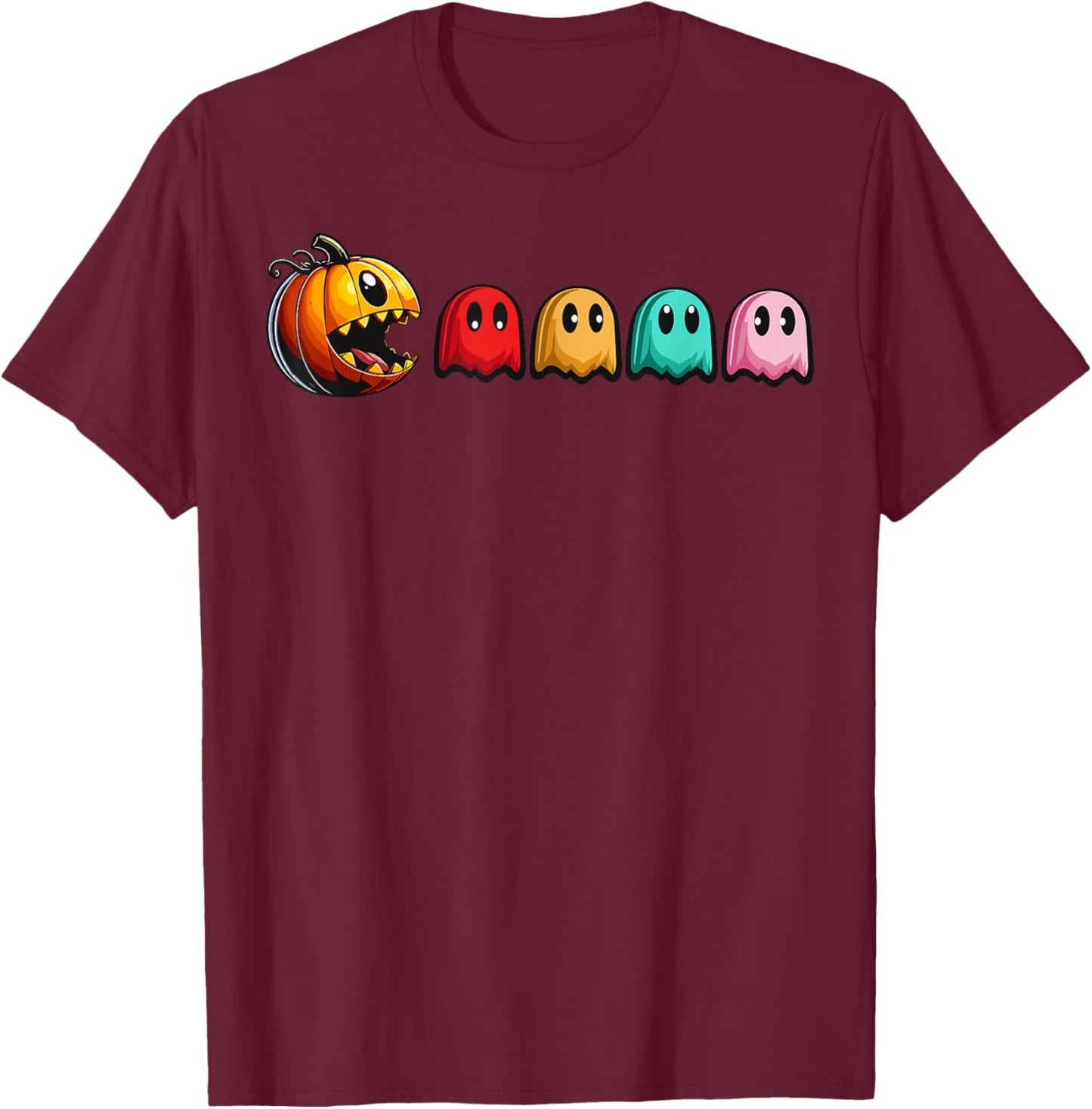 Halloween Pumpkin vs. Ghosts Retro Video Game T-Shirt - T-Shirt | Maroon
