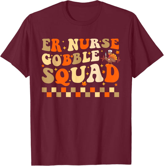 Funny ER Nurse Thanksgiving Emergency Dept Groovy T-Shirt - T-Shirt | Maroon