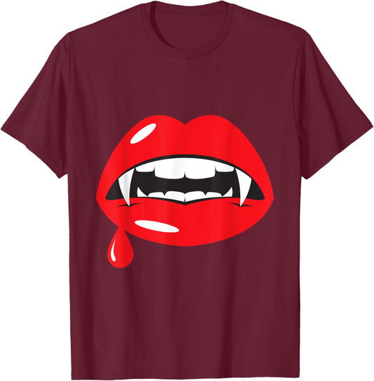 Vampire Mouth Lips Fangs Funny Halloween Spooky Kiss Blood T-Shirt - T-Shirt | Maroon