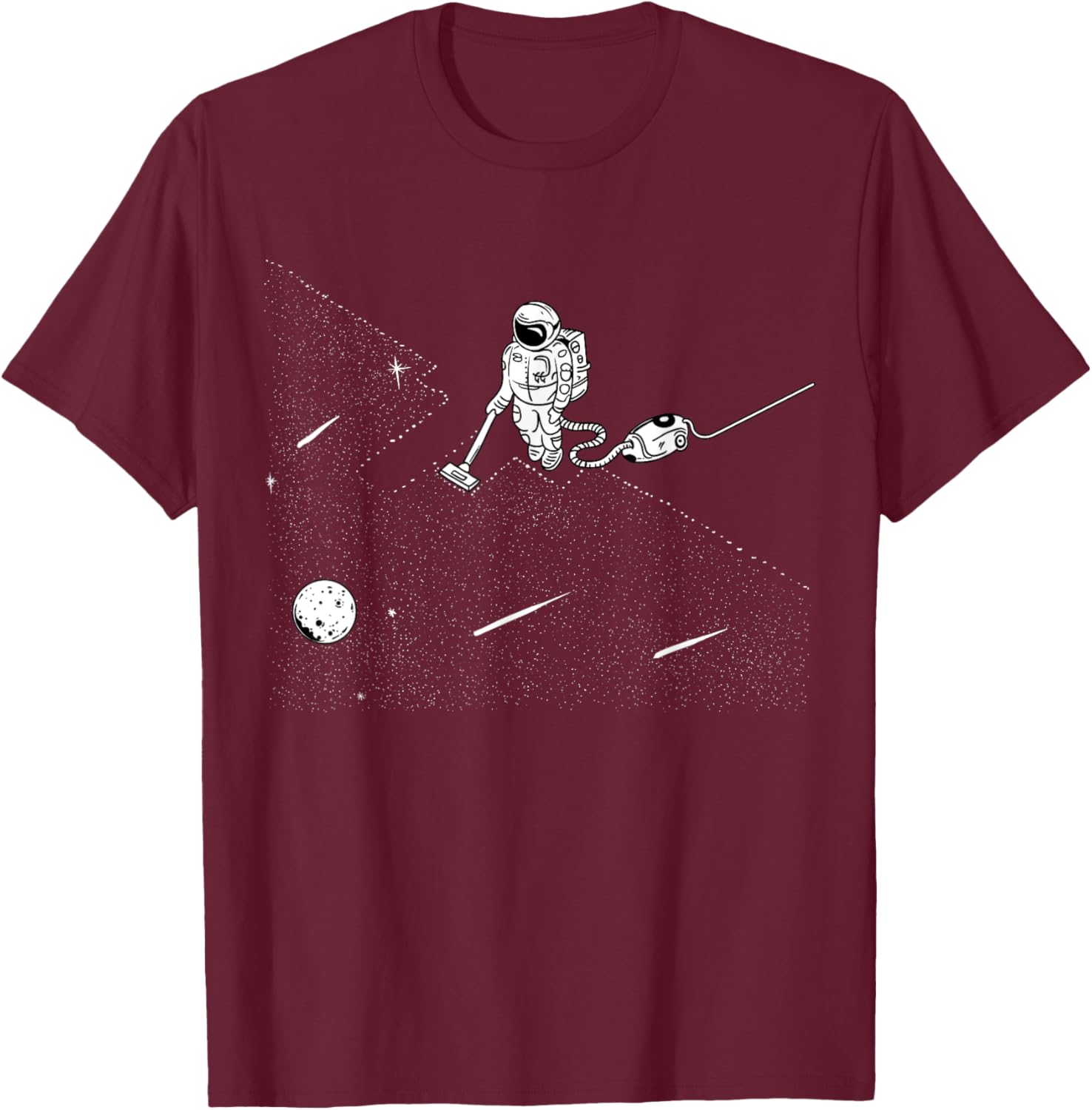 Astronaut Vacuuming the Stars to Clean Up the Space Universe T-Shirt - T-Shirt | Maroon