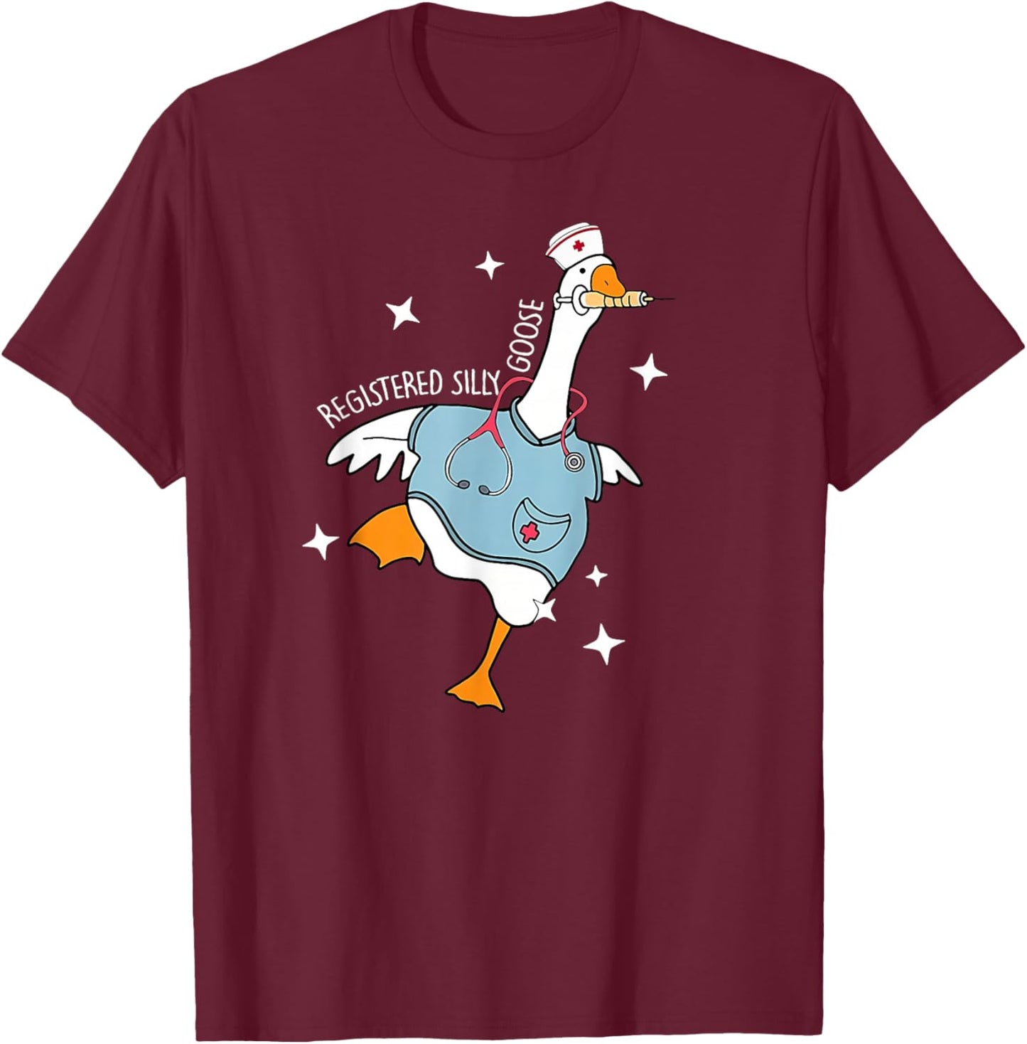 Nurse Silly Goose Pediatric Nurse Appreciation Black Cartoon Humor U-Neck Classic Fit Short Sleeve , Size Small, -Adult, Nurses, Nursing Students T-Shirt - T-Shirt | Maroon