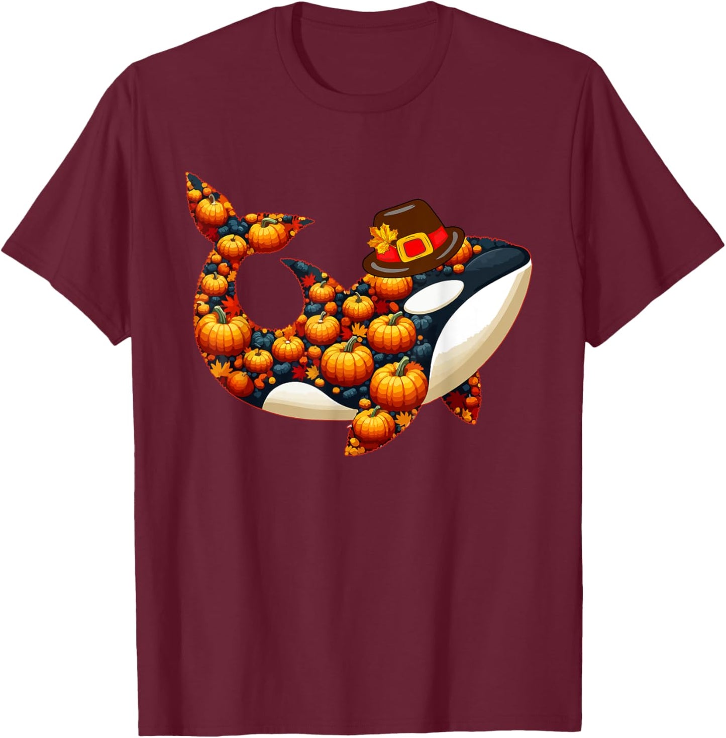 Fall Leaves Pumpkins Orca Cute Shape Thanksgiving Animal T-Shirt - T-Shirt | Maroon