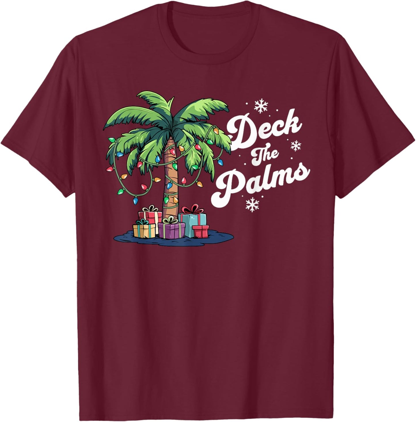 Deck The Palms Beach Vacation Palm Tree Tropical Christmas T-Shirt - T-Shirt | Maroon