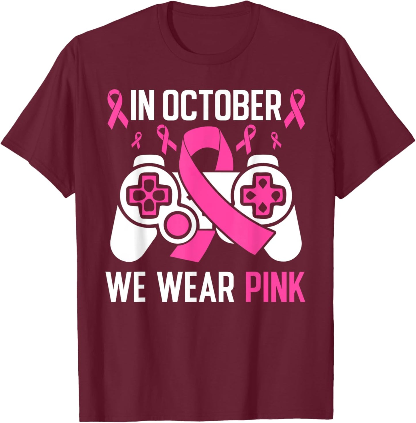 In October We Wear Pink Breast Cancer Gaming Kids Boys Youth T-Shirt - T-Shirt | Maroon