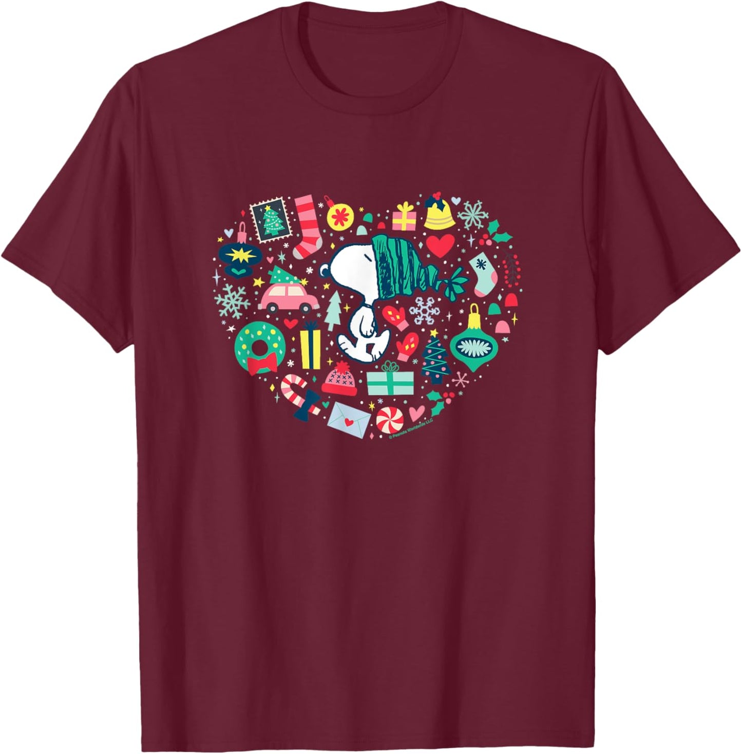 Peanuts Christmas Snoopy Xmas Love Heart T-Shirt - T-Shirt | Maroon