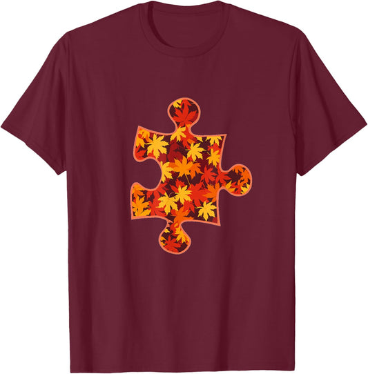Autism Puzzle Piece Awareness Autistic Fall Autumn Leaves T-Shirt - T-Shirt | Maroon