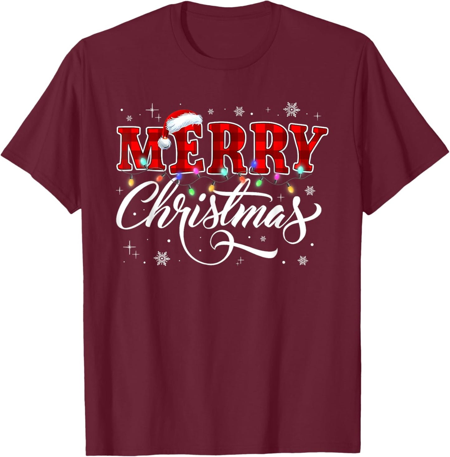 Merry Christmas Buffalo Plaid Red Santa Hat Xmas Pajamas T-Shirt - T-Shirt | Maroon