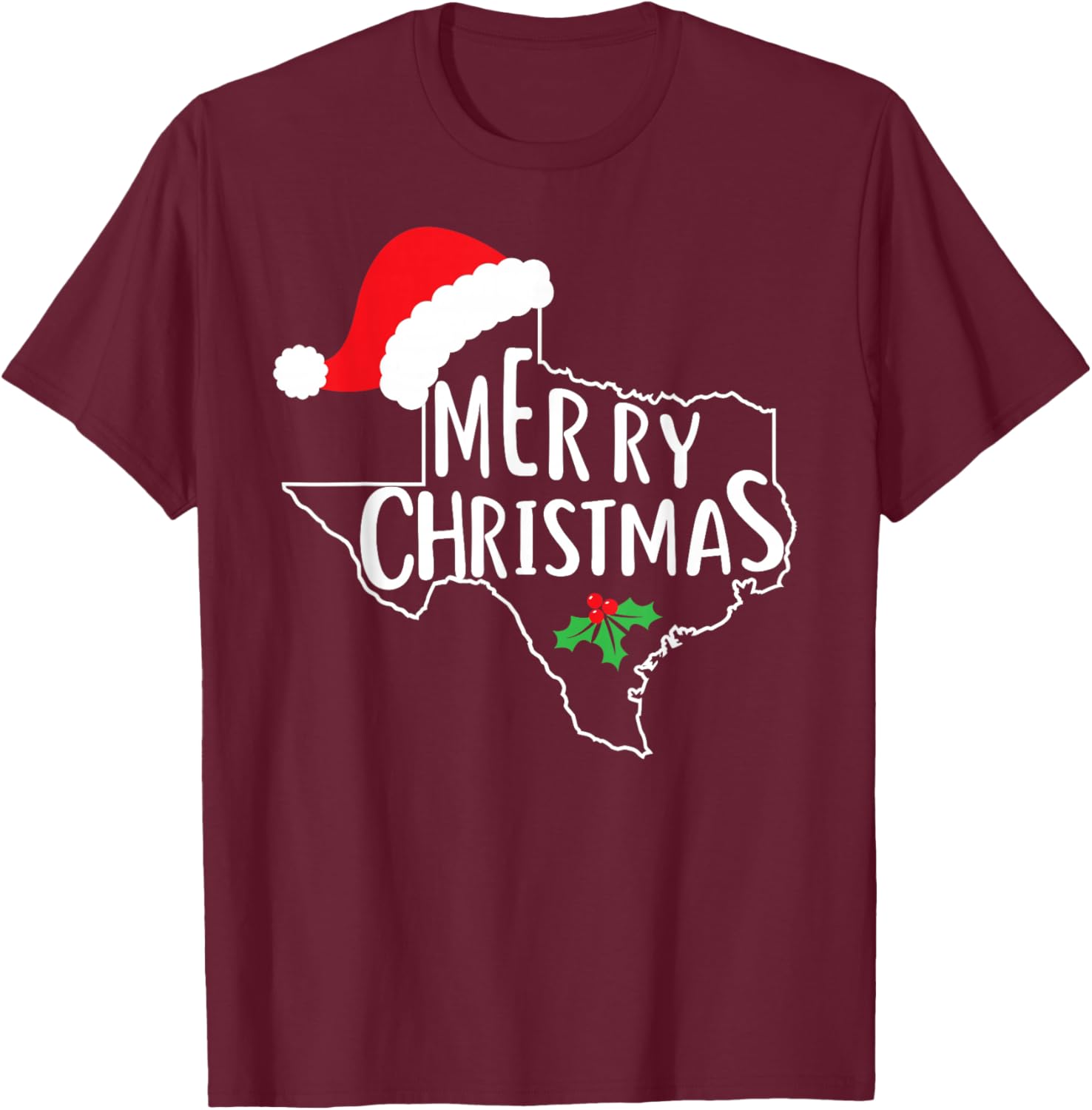 Texas State Merry Christmas Santa Hat America Cute T-Shirt - T-Shirt | Maroon