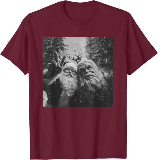 Vintage Bigfoot Santa Claus Selfie Christmas T-Shirt - T-Shirt | Maroon