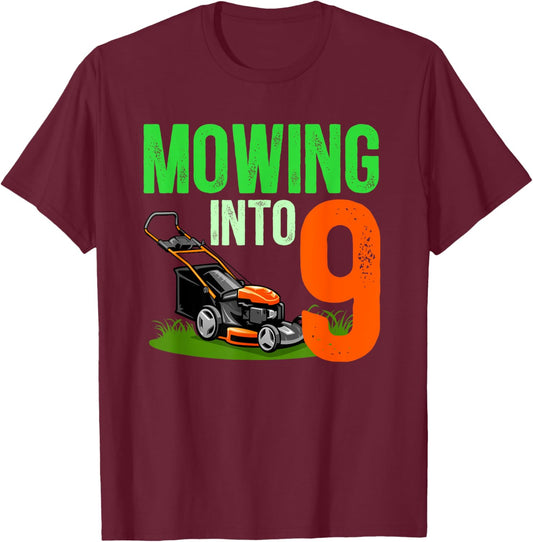 9th Birthday Party Lawn Mower 9 Year Old Lawn Mowing Boy T-Shirt - T-Shirt | Maroon