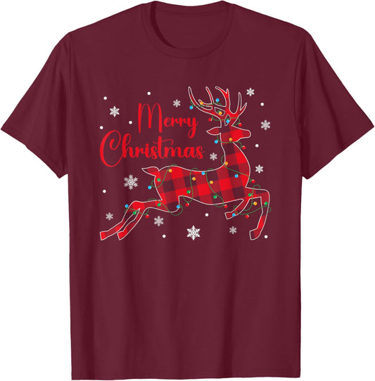 Christmas Pajamas Red Plaid Reindeer Buffalo Plaid Christmas T-Shirt - T-Shirt | Maroon