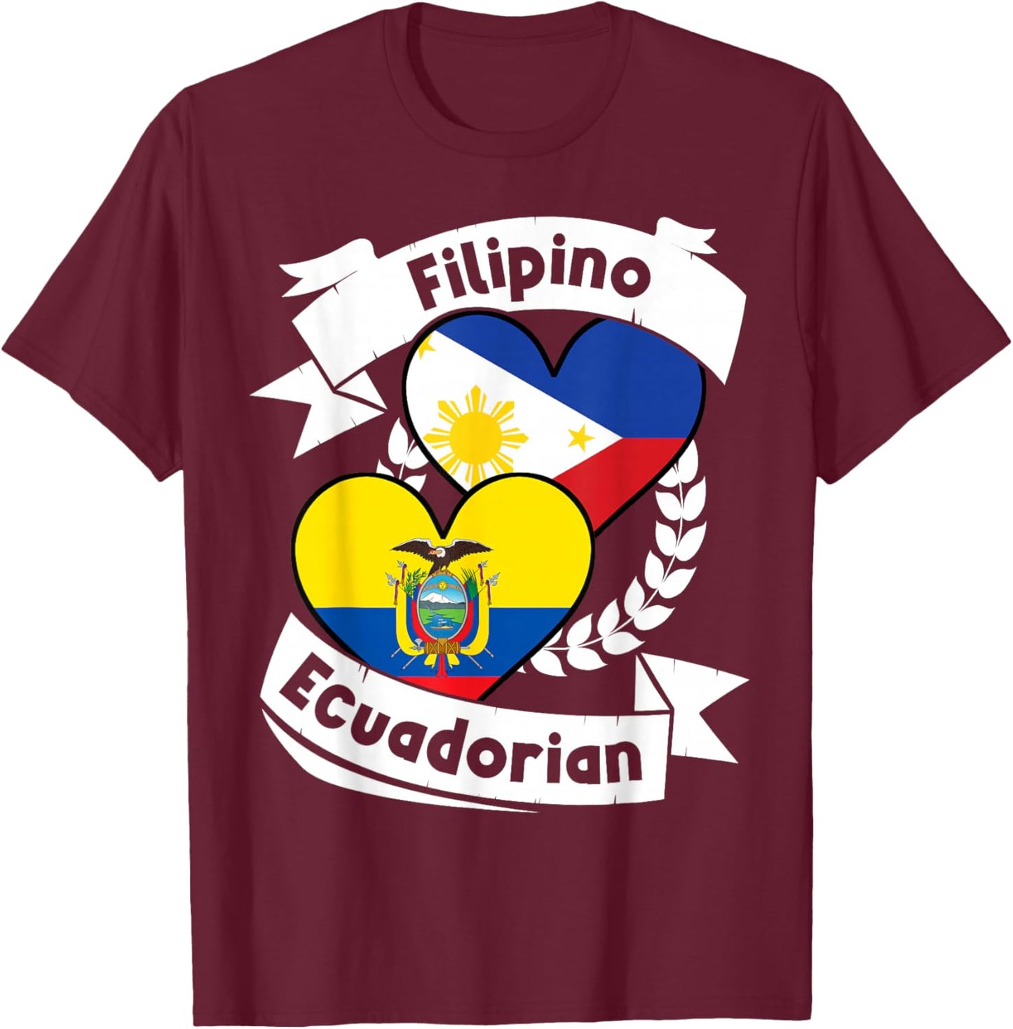 Filipino Ecuadorian Heart Flags Philippines Ecuador T-Shirt - T-Shirt | Maroon