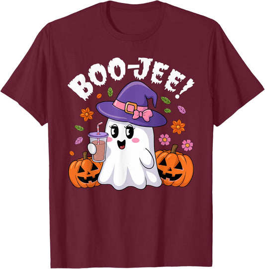 Cute Boo Jee Ghost Halloween Leopard Ghost Coffee T-Shirt - T-Shirt | Maroon